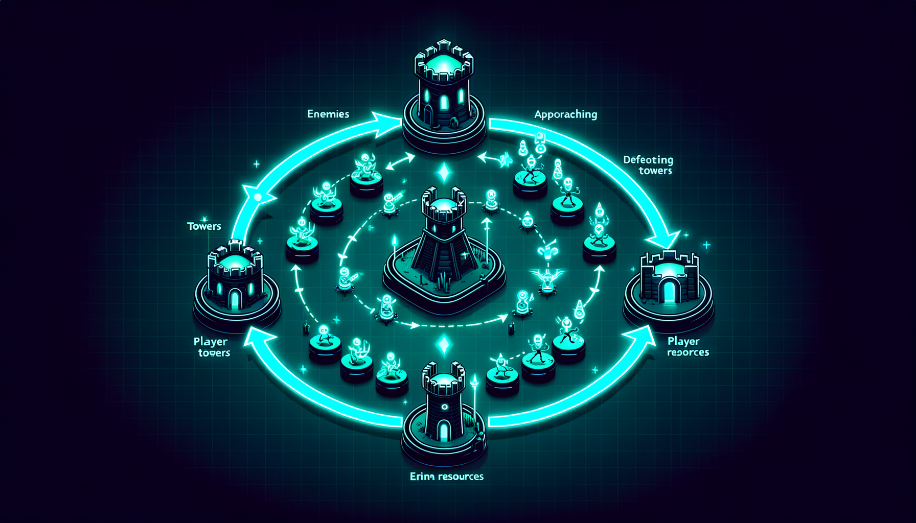 Diagram showing the core tower defense economy loop